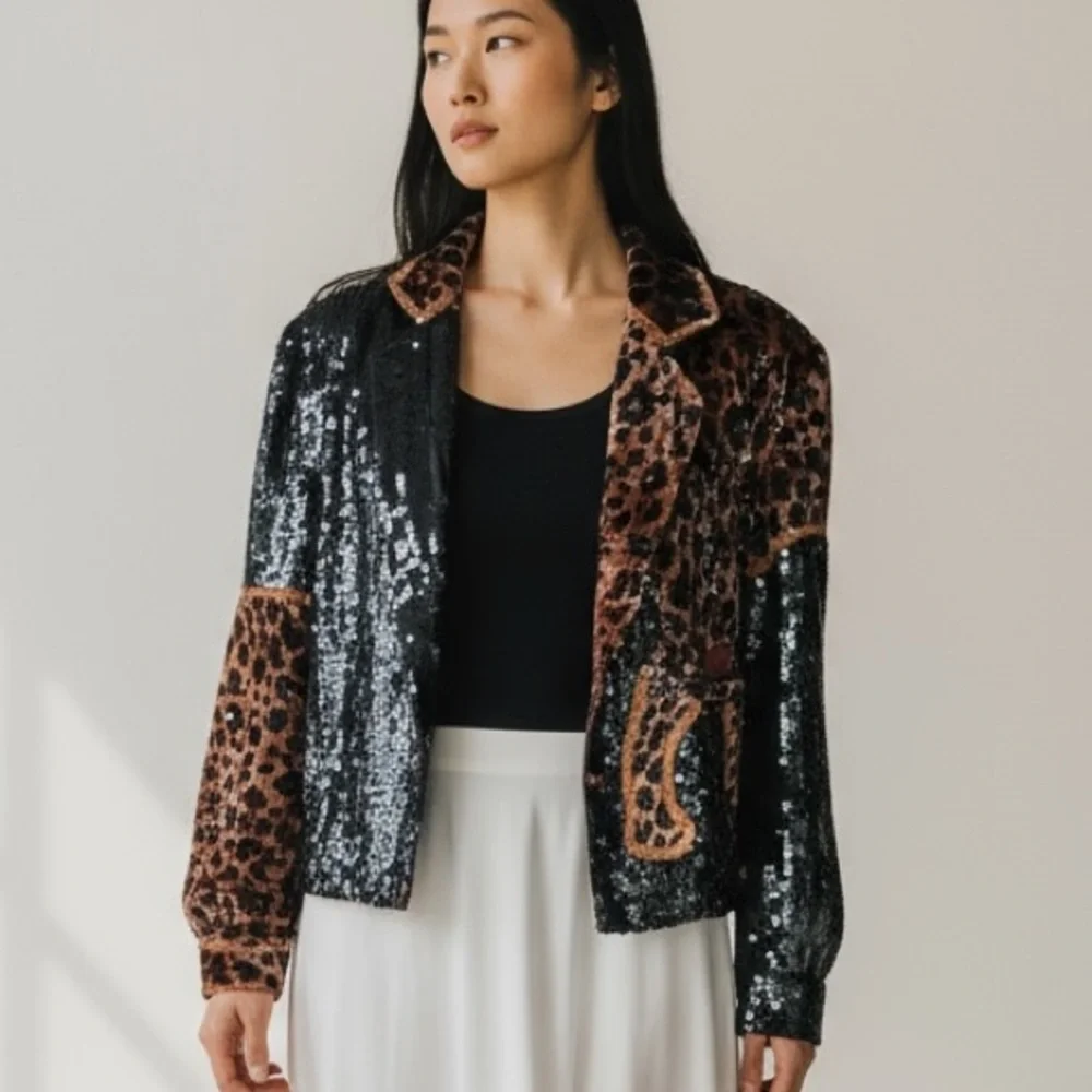 🌻Vintage MODI Exotic Leopard Jeweled Beaded Silk Jacket Circa 1980s Size Medium - Picture 4 of 12